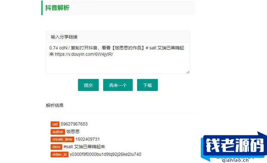 2023最新抖音解析无水印视频下载html源码-钱老源码网