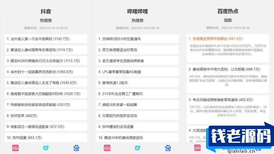 抖音、百度、哔哩哔哩热搜热榜单页的HTML源码-钱老源码网