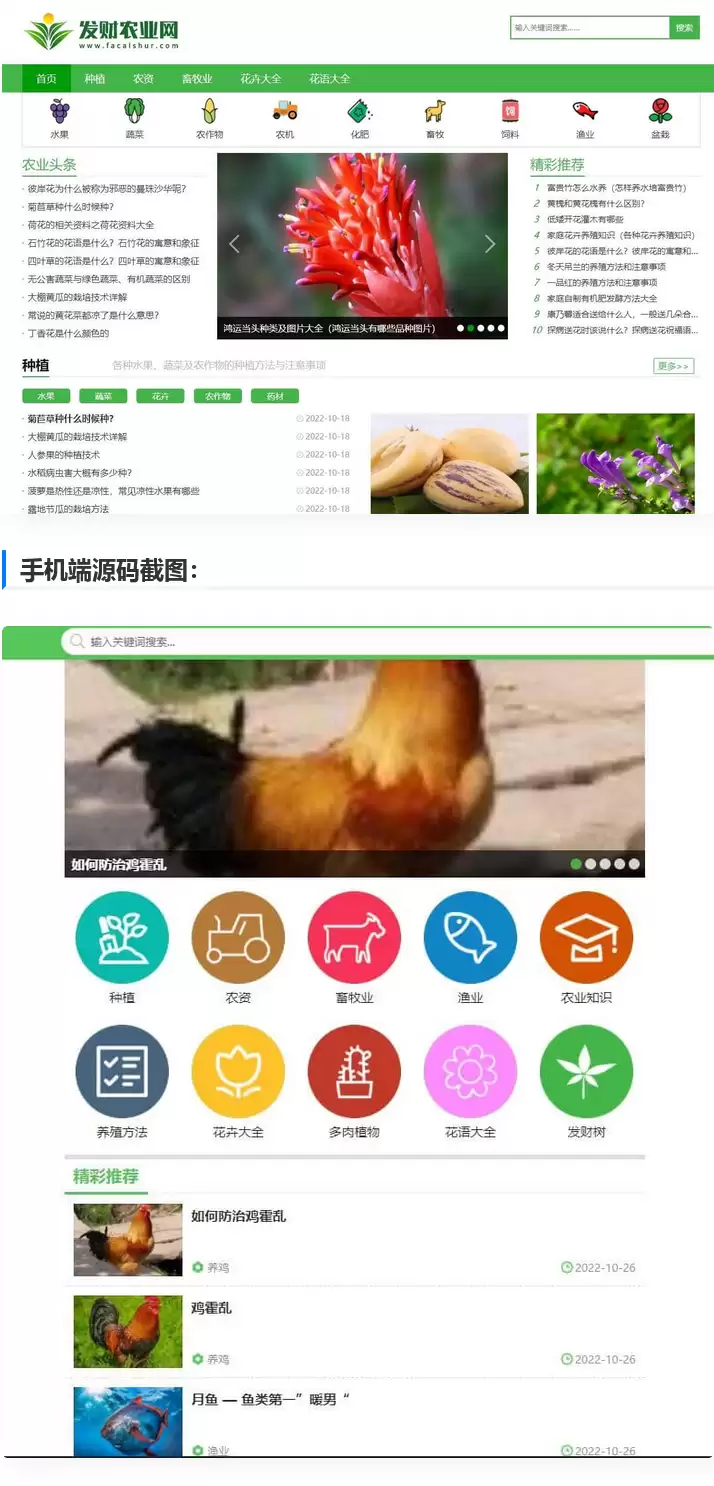 【仿发财农业网】 帝国cms7.5农业知识养殖技术花卉大全发财树栽培农机农作物模板-钱老源码网