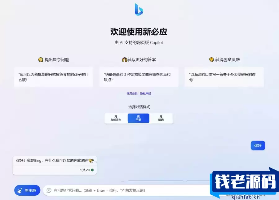 微软 New Bing 完美聊天机器人源码，支持 ChatGPT 提示词-钱老源码网
