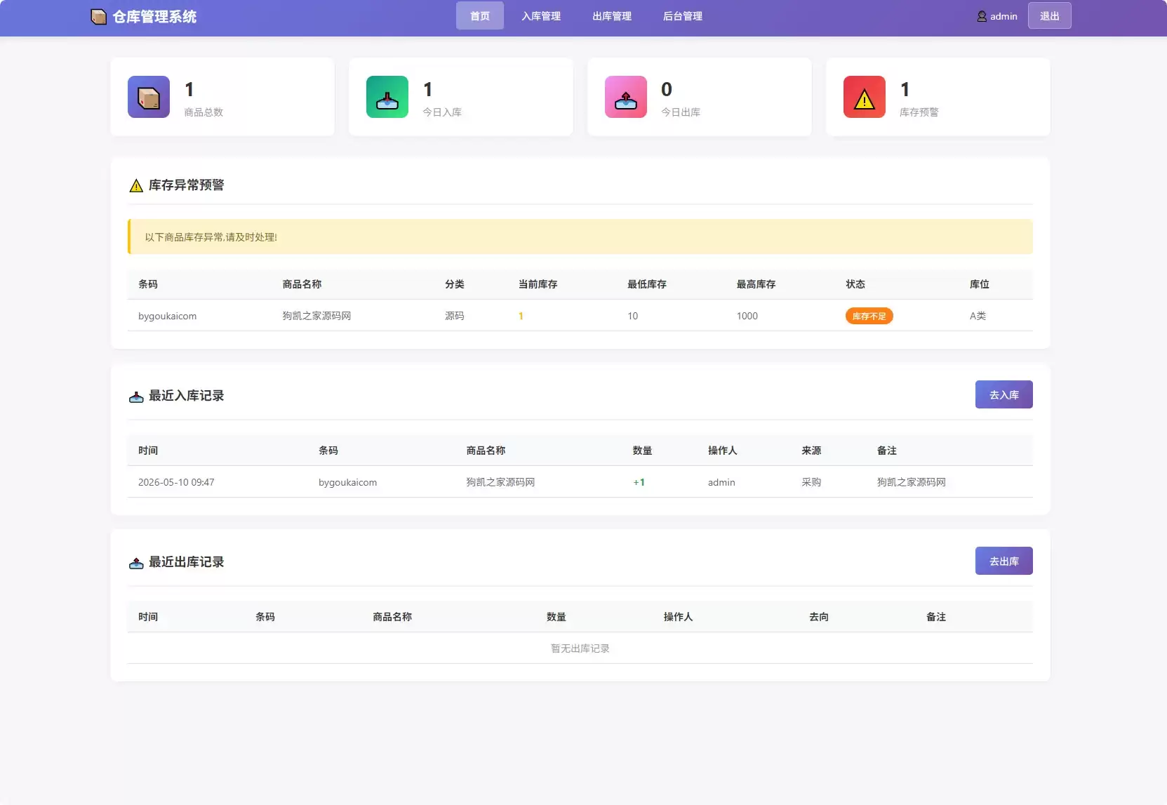 仓库管理系统源码 小型企业商铺库存管理支持扫码枪-钱老源码网
