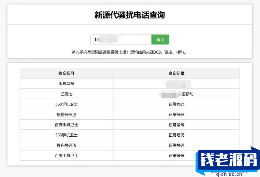 在线查询骚扰电话和归属地网站源码-钱老源码网