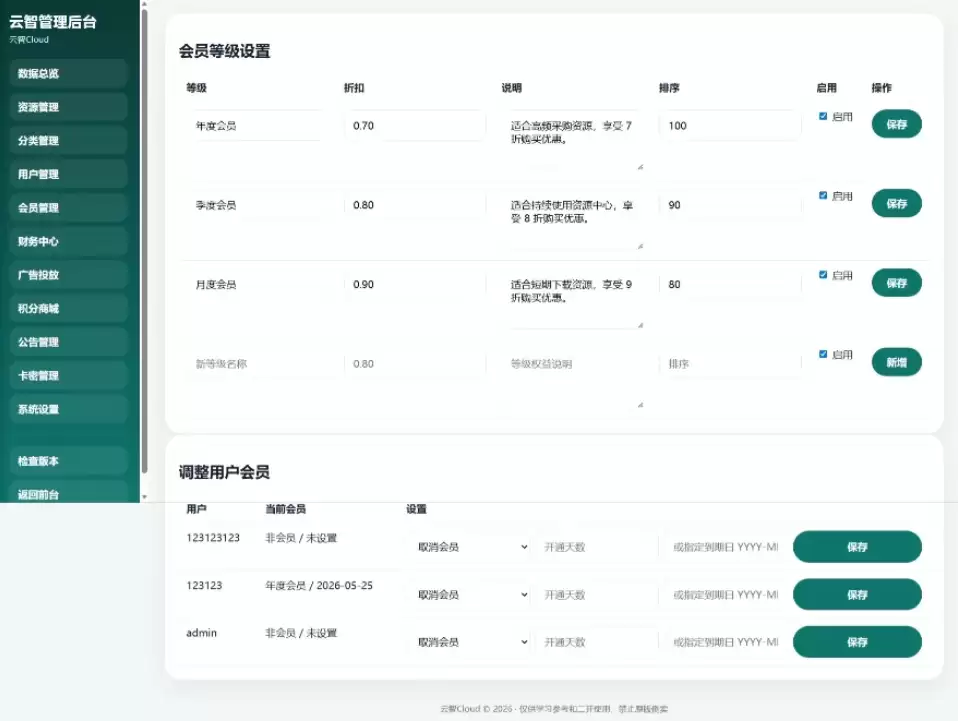 云智资源系统源码 – 带支付/积分商城/广告