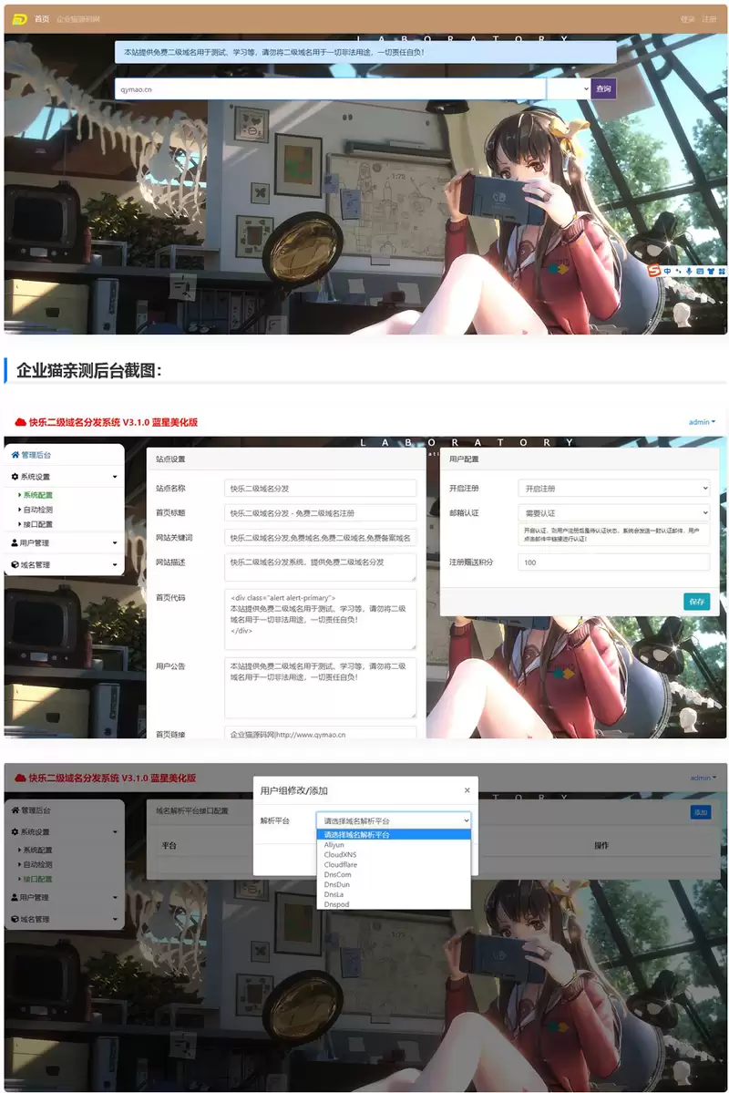 界面很可爱的二级域名分发平台源码带视频教程-钱老源码网